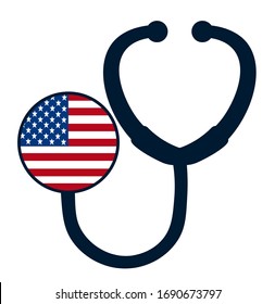 Bandera nacional de Estados Unidos en el estetoscopio. médicos especialistas en el país. Concepto de Ayuda de Caridad. El concepto es una ayuda para Estados Unidos. El concepto de grandes problemas debido a la pandemia del coronavirus en Estados Unidos.