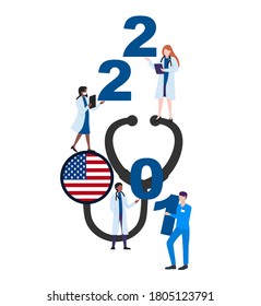 USA national flag on stethoscope with doctors and year 2021 on white background. Postcard on the topic of fighting the epidemic. Health workers in the new year.