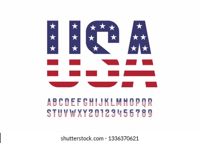 USA national flag style font, alphabet letters and numbers vector illustration