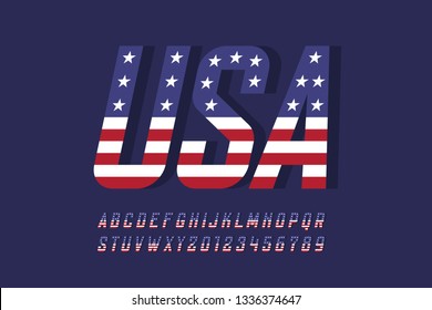 USA national flag style font, alphabet letters and numbers vector illustration