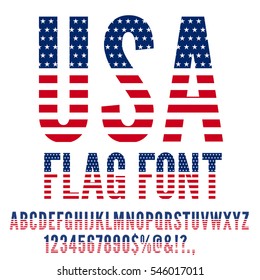 USA National Flag stylized flat Font. Alphabet and Numbers in Vector Set