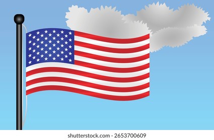 Bandeira nacional dos EUA acenando contra um céu azul brilhante. representando orgulho nacional, unidade e herança nos Estados Unidos com suas cores vibrantes e design icônico. Símbolo patriótico de identidade ou orgulho
