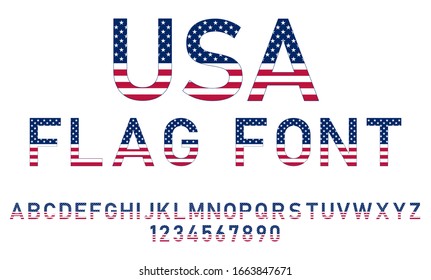 USA national flat flag style font. 
Alphabet letters and numbers vector illustration.