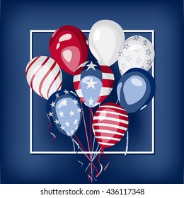 USA national holiday illustration. Bunch of balloons with american flag elements. Square vector illustration for festive advertising, cards, invitation or poster.