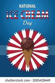 USA National Ice Cream Day patriotic poster with lettering and ice cream cone. American holiday, Third Sunday of July. Vector template for banner, flyer, cafe, or restaurant menu