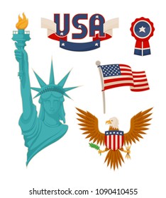 USA national symbolisms color, vector illustration Statue of liberty, flag image near eagle with shield, bundle stripes and ribbon, badge symbols