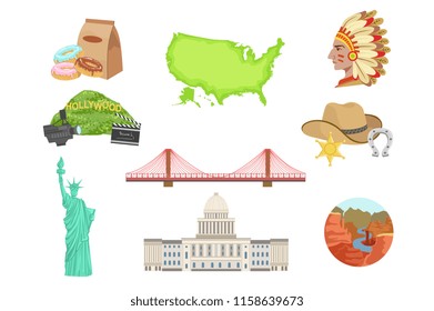 USA National Symbols Set Of Items. Isolated Objects Representing United States Of America