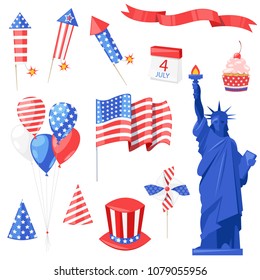 USA national symbols. Vector isolated design elements for USA Independence Day. 4 of July celebration icons.