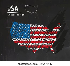 USA national vector map with sketch chalk flag. Sketch chalk hand drawn illustration