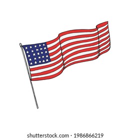 USA national waving flag. 4th of July. Hand drawn vector illustration