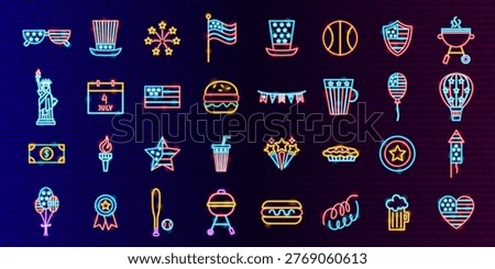 USA Neon Glow Icon Set. July 4th. Happy United States of America Independence Day Glow Objects. Vector Illustration with Dark Brick Wall BG. 