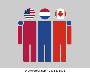 Banderas nacionales de Estados Unidos, Países Bajos y Canadá con cuerpo abrazador. Ilustración vectorial. Fondo aislado.