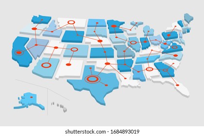 USA Network Map With Connected Lines And Circles. Vector Illustration
