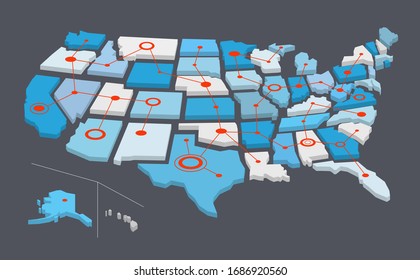 USA network map with connected lines and circles. Vector illustration