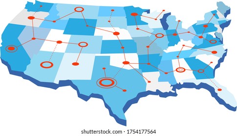 USA network map with connected lines and circles