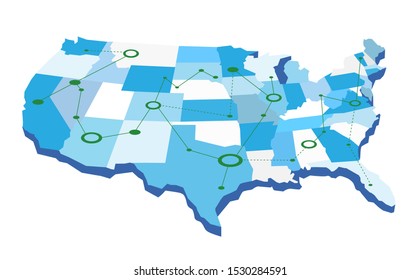 USA network map with green lines and circles. Vector illustration isolated on white background