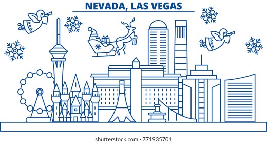 USA, Nevada , Las Vegas winter city skyline. Merry Christmas and Happy New Year decorated banner. Winter greeting card with snow and Santa Claus. Flat, line vector. Linear christmas illustration