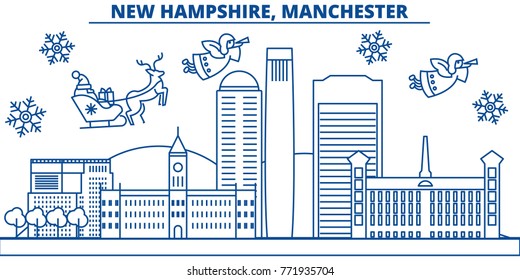 USA, New Hampshire , Manchester winter city skyline. Merry Christmas and Happy New Year decorated banner.Winter greeting card with snow and Santa Claus.Flat, line vector. Linear christmas illustration