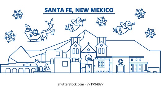 USA, New Mexico, Santa Fe winter city skyline. Merry Christmas and Happy New Year decorated banner. Winter greeting card with snow and Santa Claus. Flat, line vector. Linear christmas illustration