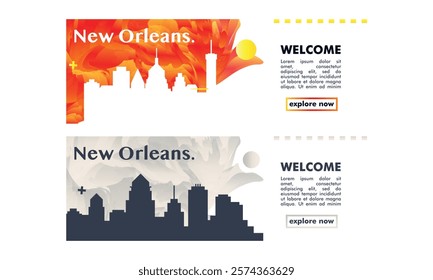 USA New Orleans horizon profile banner, placard, header, footer. US Louisiana state city downtown vector website page layout with panoramic front view