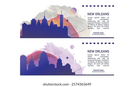 USA New Orleans horizon profile banner, placard, header, footer. US Louisiana state city downtown vector website page layout with panoramic front view