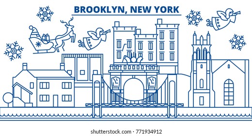 USA, New York, Brooklyn winter city skyline. Merry Christmas and Happy New Year decorated banner. Winter greeting card with snow and Santa Claus. Flat, line vector. Linear christmas illustration