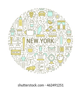 USA and New York City concept. Symbols isolated on background. Web banner, vector label or emblem.