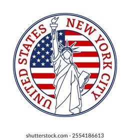 USA, New York City stamp or seal with The Statue of Liberty sign and American flag. Vector illustration.