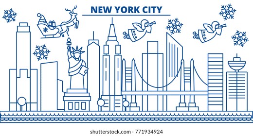 USA, New York , New York City winter city skyline. Merry Christmas and Happy New Year decorated banner. Winter greeting card with snow and Santa Claus. Flat, line vector. Linear christmas illustration