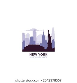 Logo de Nueva York de Estados Unidos con horizonte, icono de Vector retro de paisaje urbano. Estados Unidos de América horizonte de la ciudad, fachada, logotipo de viaje