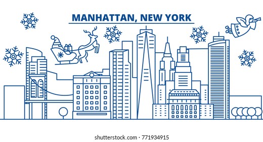 USA, New York, Manhattan winter city skyline. Merry Christmas and Happy New Year decorated banner. Winter greeting card with snow and Santa Claus. Flat, line vector. Linear christmas illustration