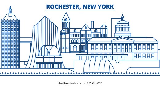 USA, New York, Rochester winter city skyline. Merry Christmas and Happy New Year decorated banner. Winter greeting card with snow and Santa Claus. Flat, line vector. Linear christmas illustration