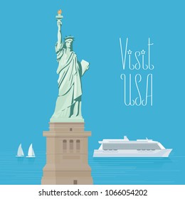 USA New York statue of liberty vector illustration, poster. Design element for travel to America with famous view of statue of liberty