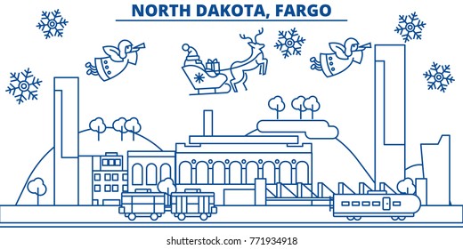 USA, North Dakota , Fargo winter city skyline. Merry Christmas and Happy New Year decorated banner. Winter greeting card with snow and Santa Claus. Flat, line vector. Linear christmas illustration