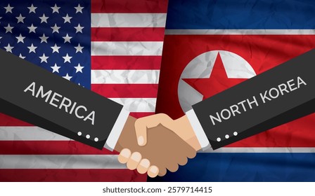 Usa and North Korea, handshake between two people and USA and North Korea flag background