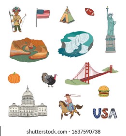 USA objects illustrations hand drawing set