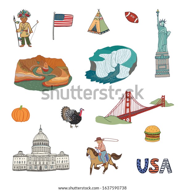 Usa Objects Illustrations Hand Drawing Set Stock Vector (Royalty Free ...