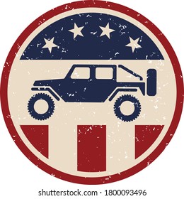 USA off road 4wd logo with slightly grungy distressed aged look in red white and blue with stars and stripes isolated vector illustration