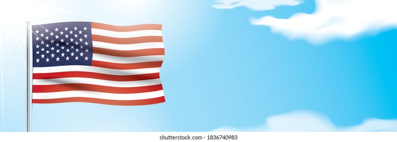 USA Official flag waving on a blue sky background. Patriotic vector banner design, with national flag of the United States of America, hanging on a sunny sky background with white clouds.