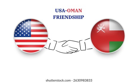 USA and OMAN flags in circle with shake hand. USA And OMAN friendship. USA And OMAN flags, isolated on white background. Vector illustrator