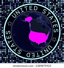 USA on globe vector. Futuristic satelite view of the world centered to USA. Geographical illustration with shape of country and squares background. Bright neon colors on dark background.