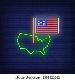 USA on map neon sign. American borders, national flag, country, 4th of July holiday. Vector illustration in neon style for festive independence day banners, light billboards, flyers