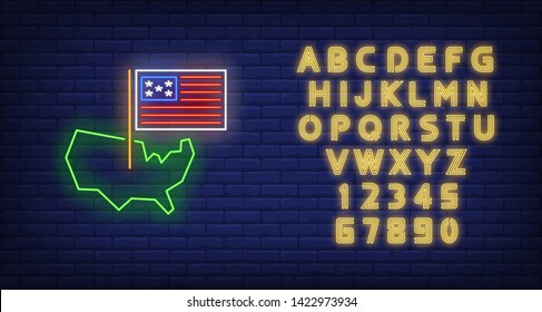 USA on map neon sign. American borders, national flag, country, 4th of July holiday. Vector illustration in neon style for festive independence day banners, light billboards, flyers