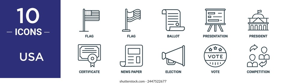 usa outline icon set includes thin line flag, flag, ballot, presentation, president, certificate, news paper icons for report, presentation, diagram, web design