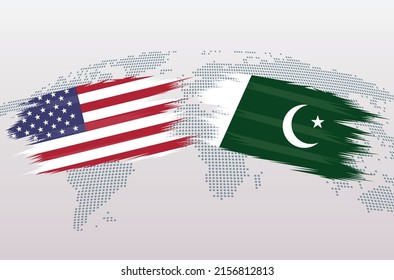 USA and Pakistan flags. Pakistani and American flags, isolated on grey world map background. Vector illustration.