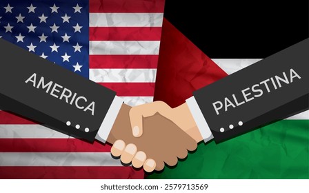 Usa and Palestina, handshake between two people and USA and china flag background