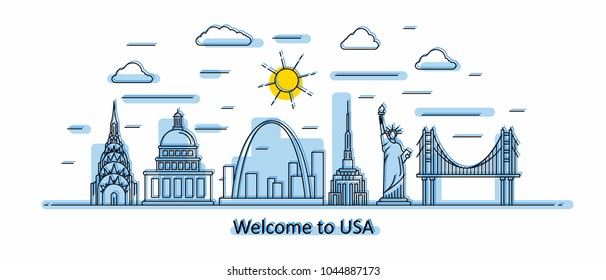 USA panorama. America vector illustration in outline style with buildings and city architecture. Welcome to USA.