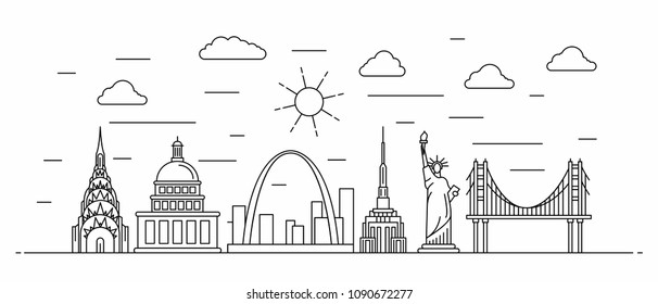 USA Panorama. America Vector Illustration In Outline Style With Buildings And City Architecture. Welcome To USA.