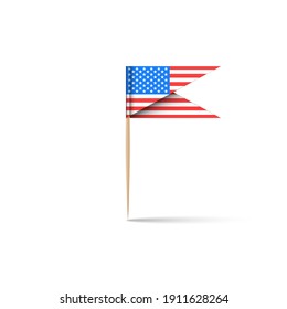 USA paper flag burger stick with a toothpick with shadow isolated white background, design element for America geolocation, realistic 3d vector illustration