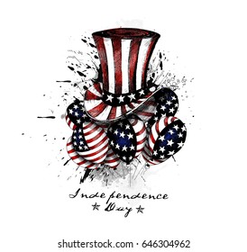 USA party with hats and balloons - Hand Drawn Sketch, Vector Background.